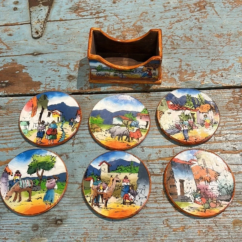 Hand Painted South American Folk Art Wooden Coasters - 6 Peru Scenes Vintage!